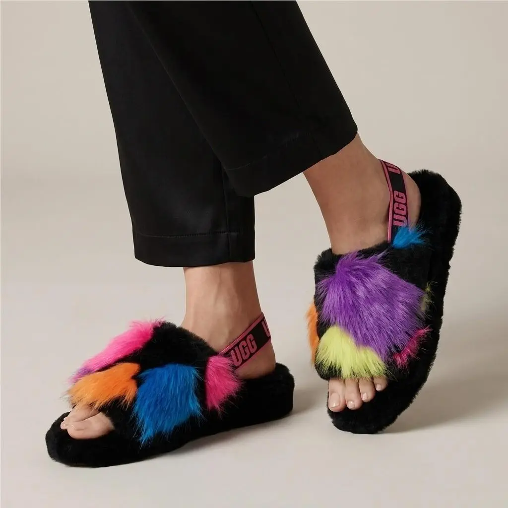 Ugg Fluff Yeah Slide Black Multi Neon Fur Slingback Sandals Womens 7