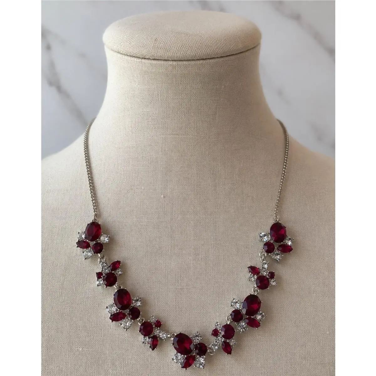 Givenchy Signed Red Crystal Rhinestone Floral Statement Necklace Silver Tone