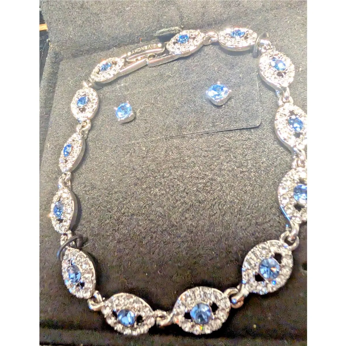 Givenchy Silver Plated Blue Clear Crystal 7 Bracelet Earrings Set Ret
