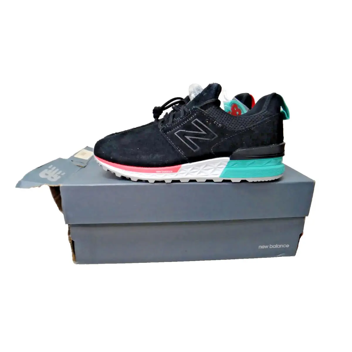 New Balance 574 Men`s Size 8 Black Teal Coral Lifestyle Sneakers MS574D0A