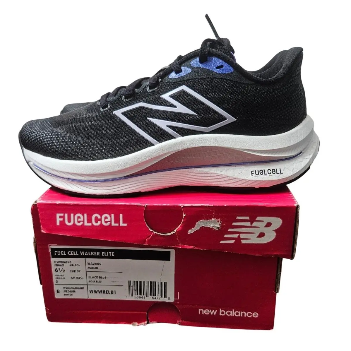 New Balance Fuelcell Walker Elite Womens 6.5 Black Blue Walking Shoes WWWKELB1