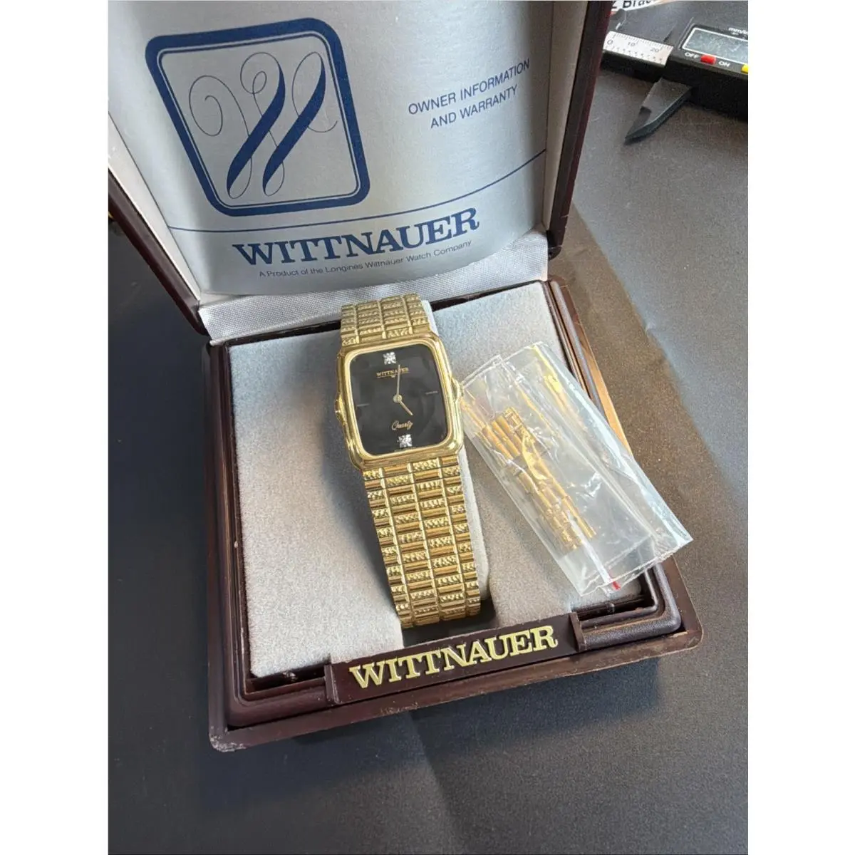 Wittnauer Mens Tank 28mm Dress Watch Full Set Box Papers Goldtone As Is