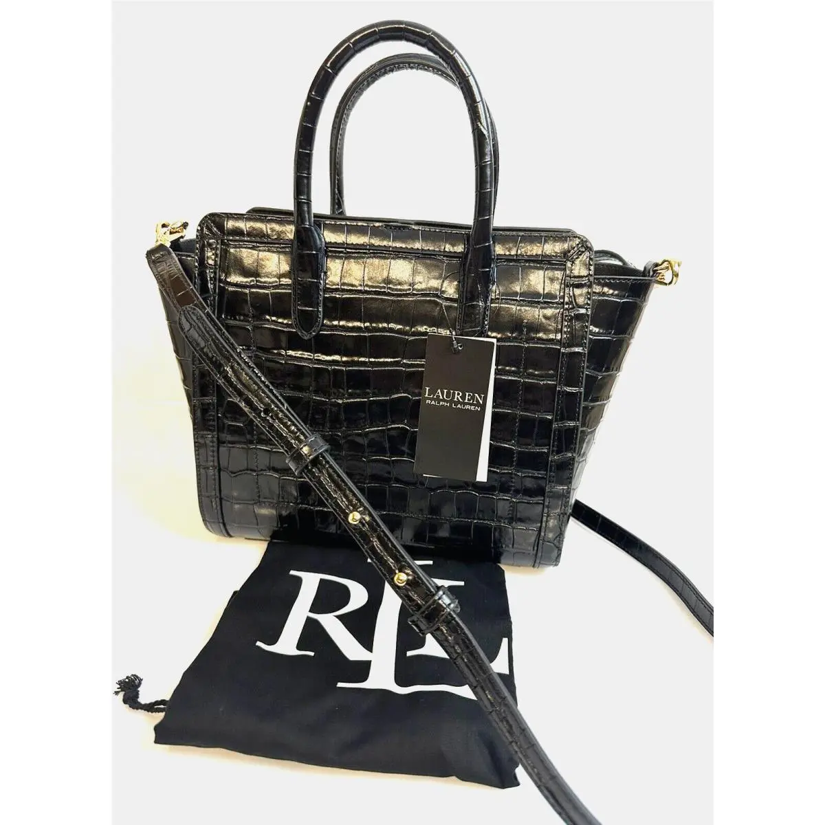 Lauren Ralph Lauren Crocodile Embossed Leather Medium Tote Bag Black