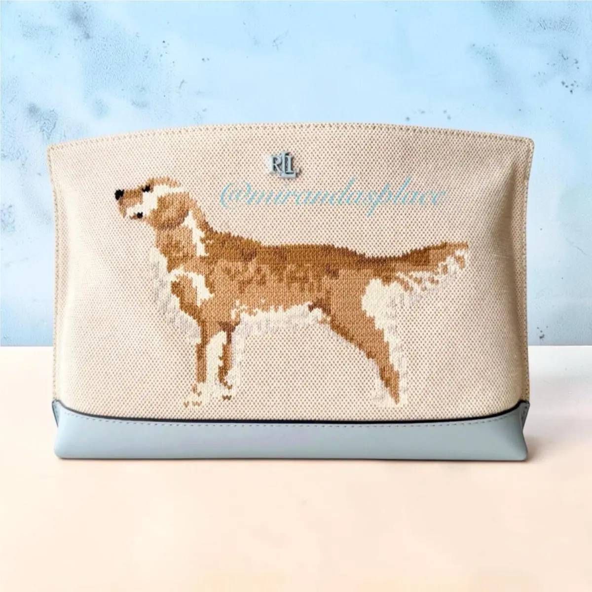 Ralph Lauren Embroidered Golden Retriever Canvas Natural/blue Zip Pouch