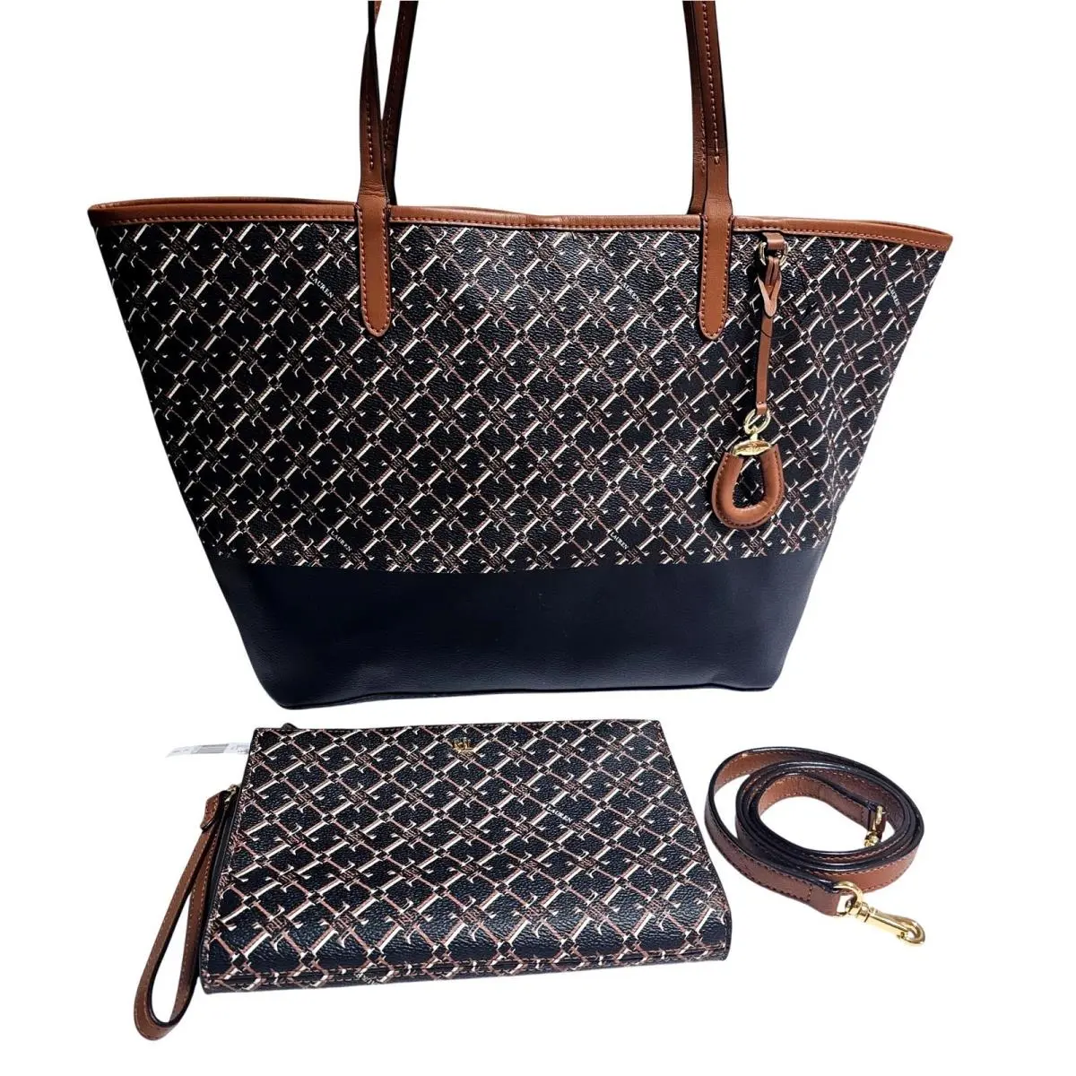 Lauren  Monogram Tote Bag Wristlet Clutch Set Black Brown by Ralph Lauren
