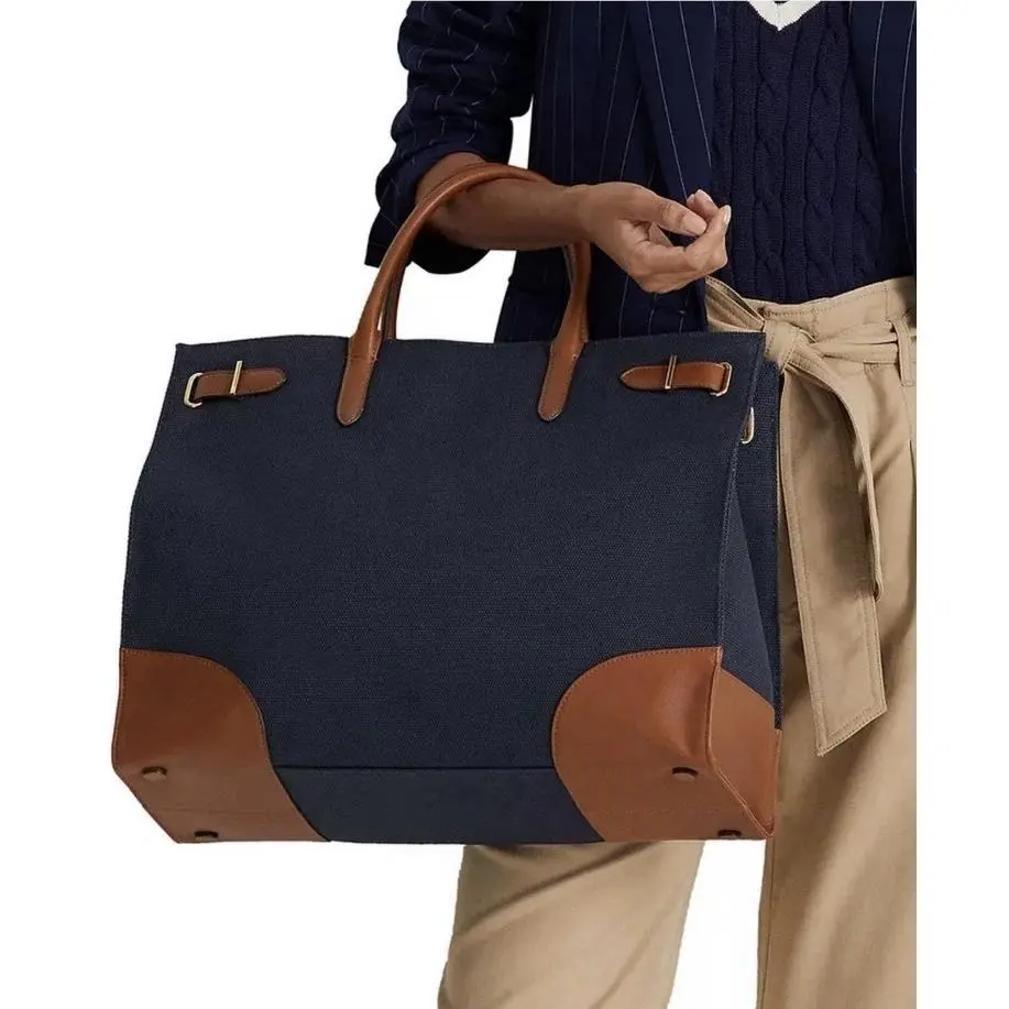Large 13x16 Devyn Tote Bag Refined Navy/ Tan Denim Leather by Ralph Lauren