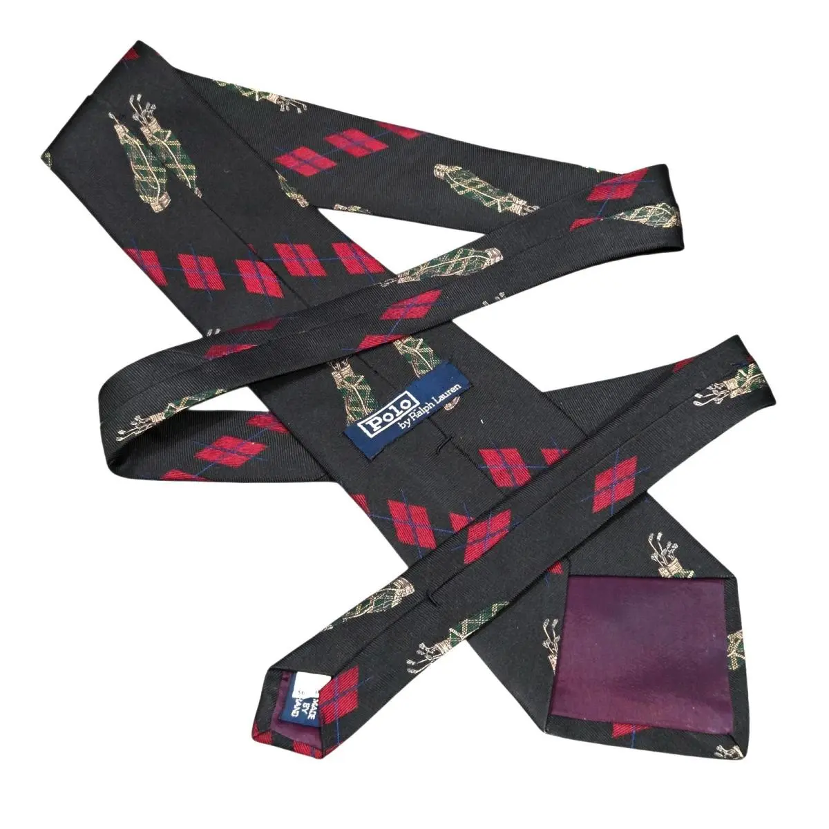 Vtg Polo  Mens Silk Necktie Golf Bag Tie Usa 59 Black Green by Ralph Lauren