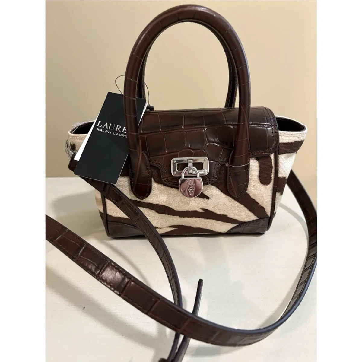 Ralph Lauren One Size Zebra Print Canvas Satchel with Brown Crocodile Trim