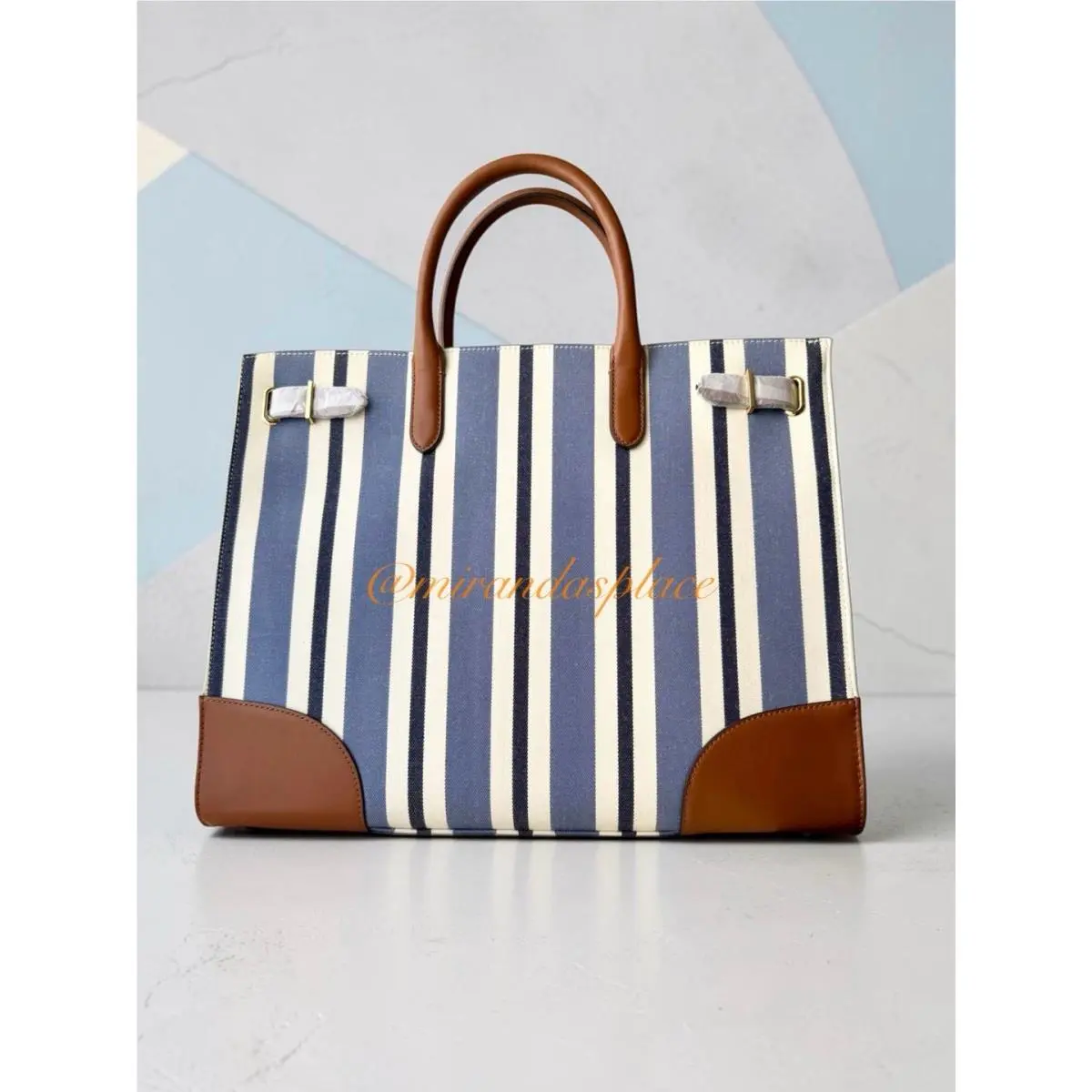 Lauren Ralph Lauren Devyn Striped Blue White Tan Canvas Large Tote Bag