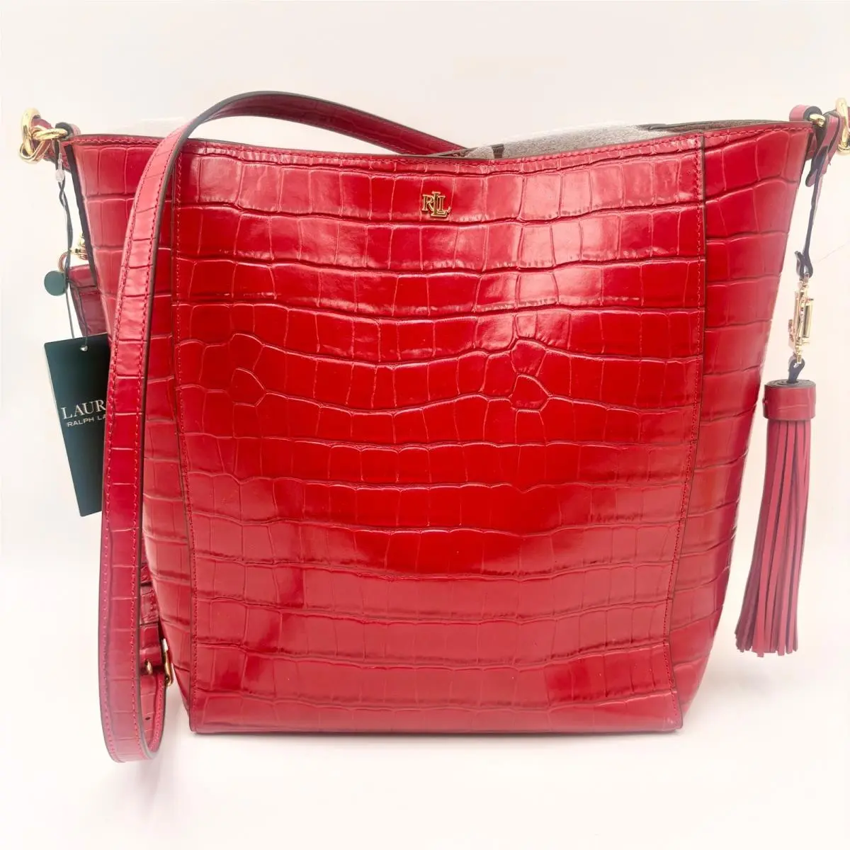 Lauren Ralph Lauren Medium Adley Crocodile Red Embossed Leather Shoulder Bag