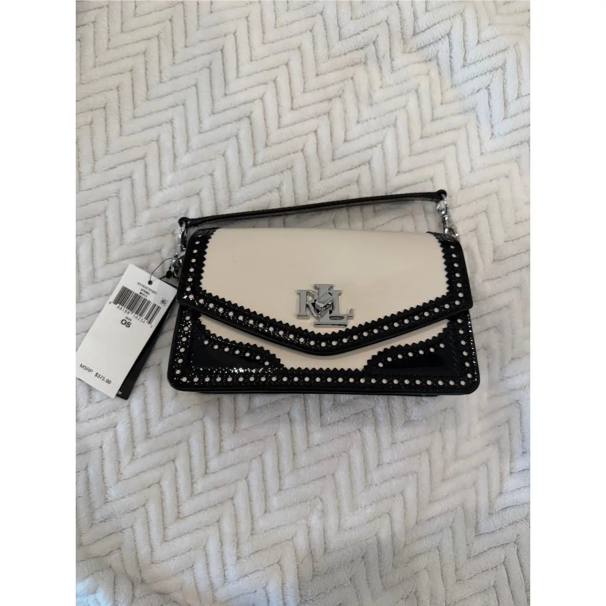 Lauren Ralph Lauren White Black Perforated Leather Crossbody Bag