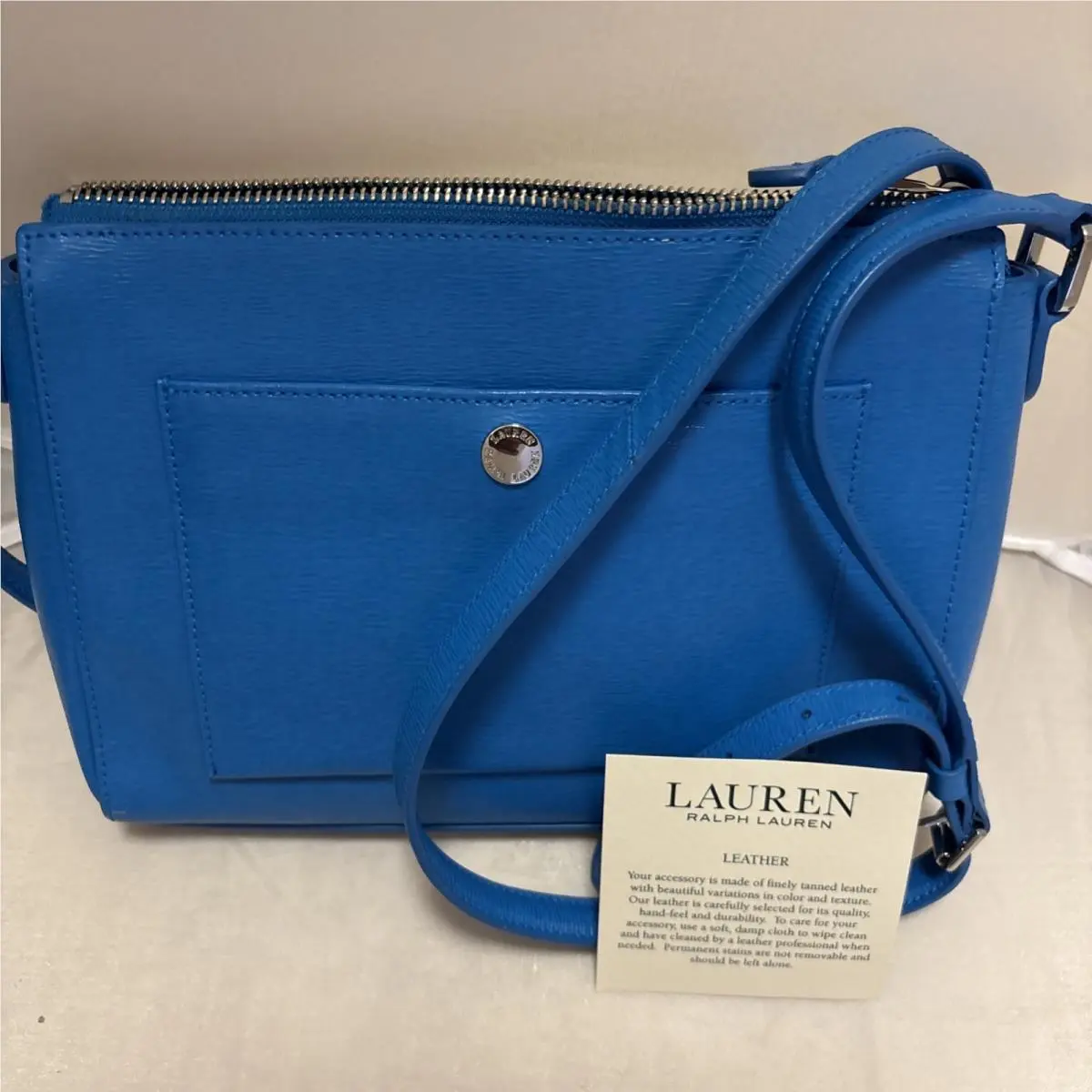Lauren Ralph Lauren Cow Leather Blue Crossbody Bag Purse Zip
