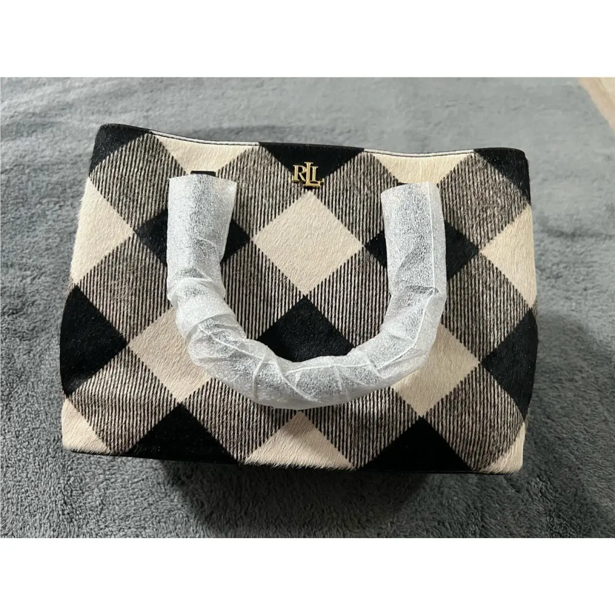 Lauren  Printed Calf Hair OS Marcy Satchel Buffalo Check Black by Ralph Lauren