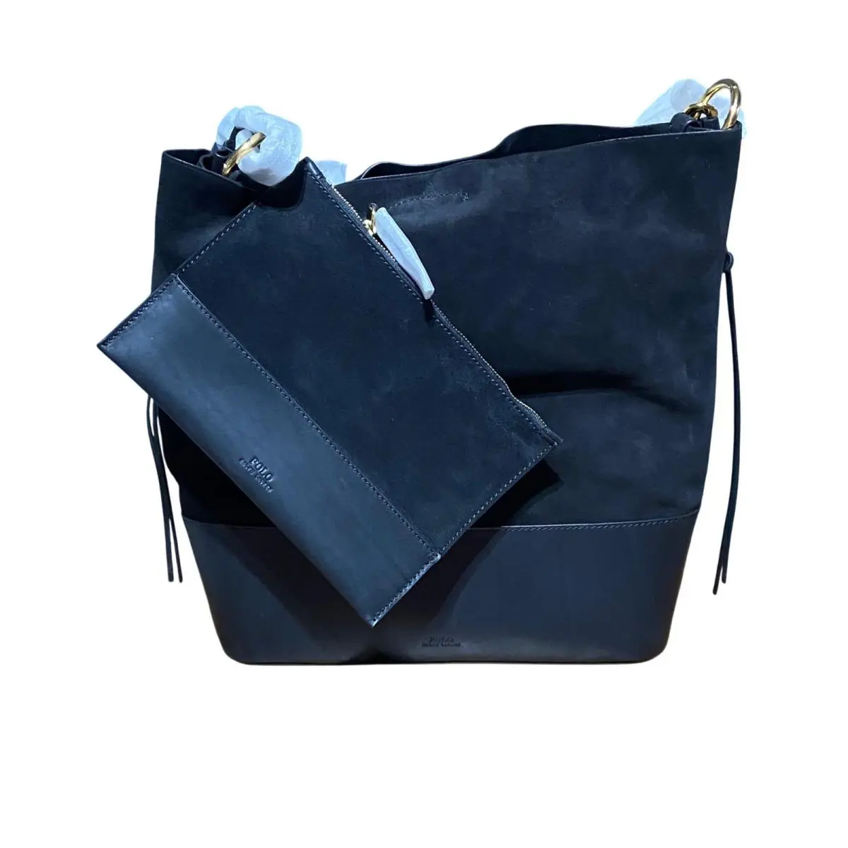 Black Suede Leather Shoulder Bucket Bag Purse W/inner Pouch by Ralph Lauren