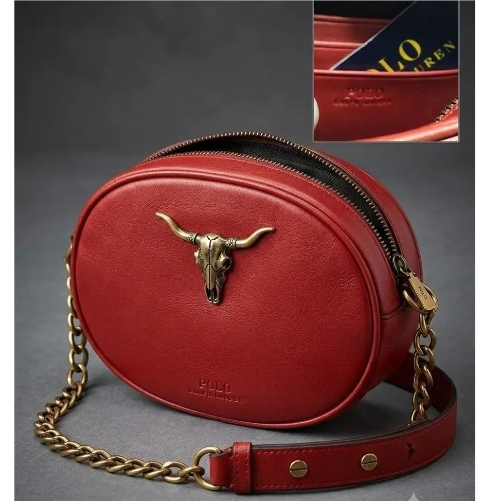Vintage Polo  Red Leather Oval Crossbody Bag Brass Bull Skull Emblem by Ralph Lauren