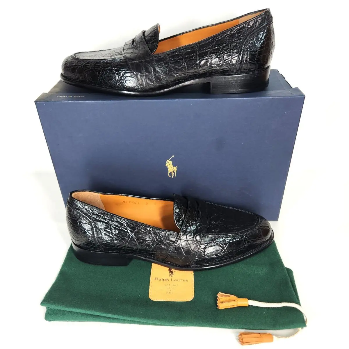 Polo  Croc Bel Air Penny Loafer Sz 9 D Black Box Dust Bag Italy Rare by Ralph Lauren