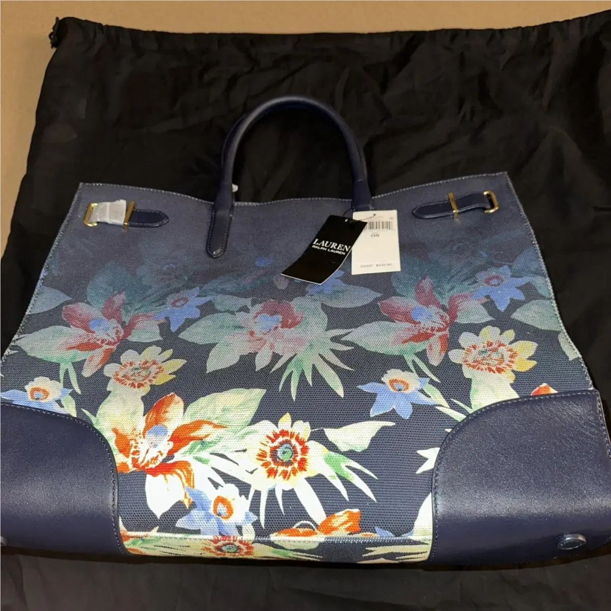 Lauren  Devyn Canvas Floral Print Leather Trim Large Tote Bag Navy by Ralph Lauren