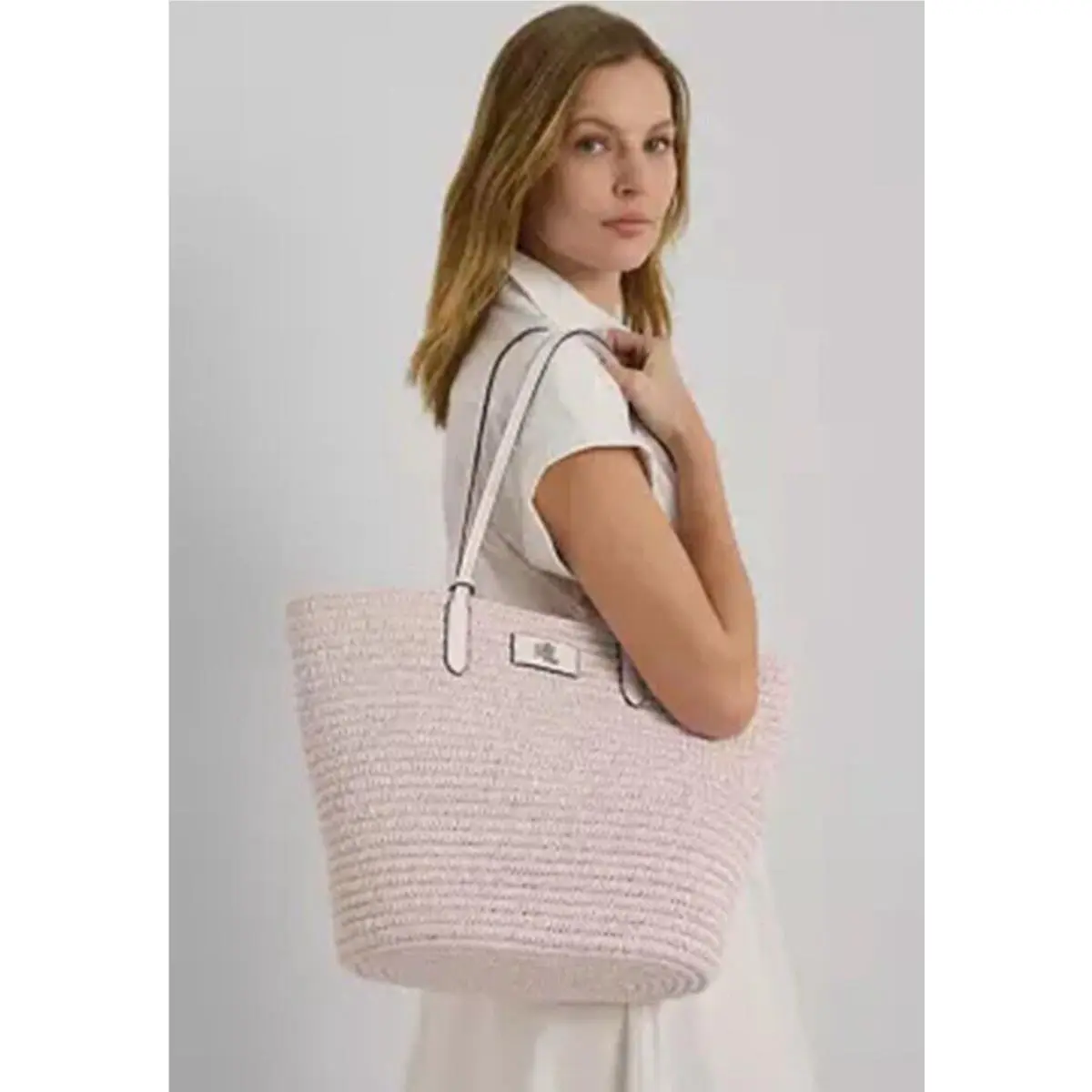 Lauren Ralph Lauren Pink Opal Leather Trim Straw Large Brie Tote Bag