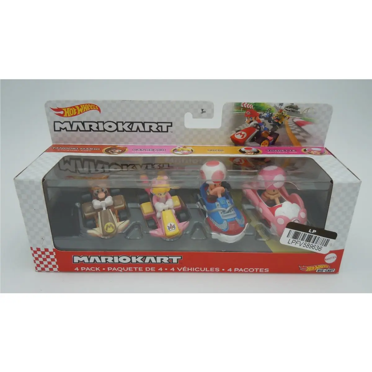 Hot Wheels - Mario Kart Die-cast 4 Pack w/ Tanooki Mario Cat Peach Toad +1