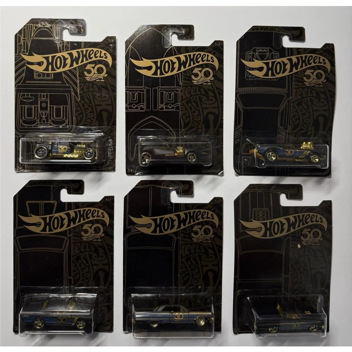 Hot Wheels 50th Anniversary Black Gold Complete Set 6 Cars Bone Shaker