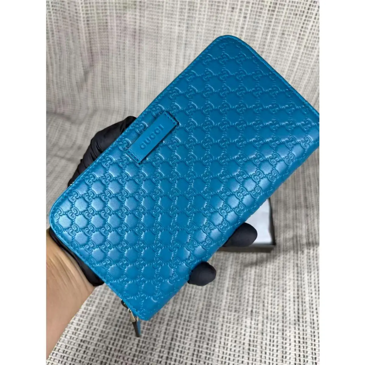 Gucci Cobalt Micro GG Guccissima Leather Zip Around Clutch Wallet