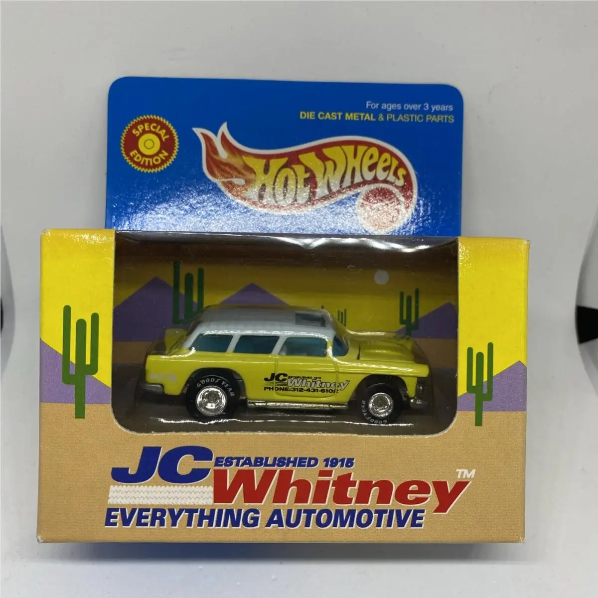 Hot Wheels JC Whitney Yellow 1955 Chevy Classic Nomad w/ Real Riders Mimb