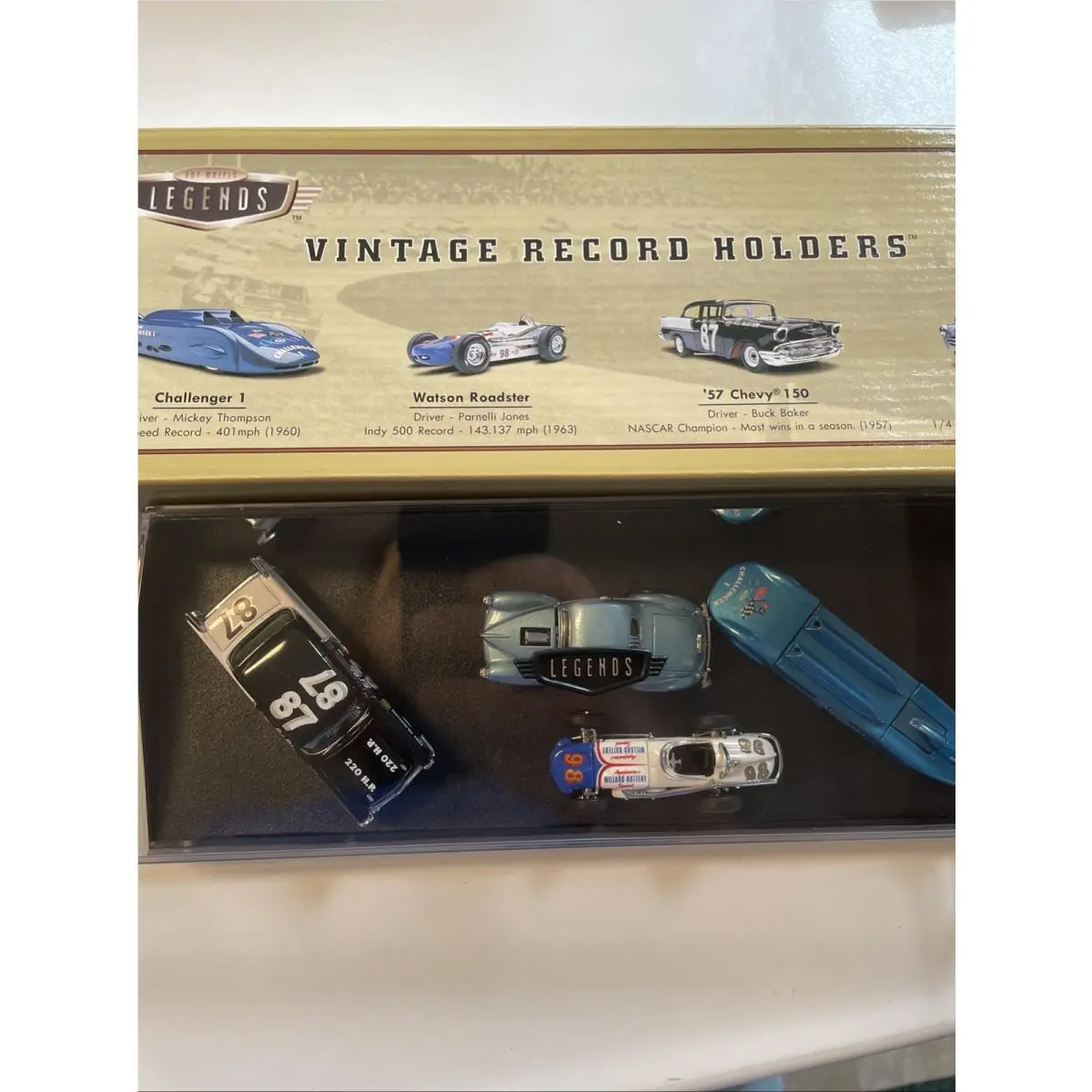Record Holders 4 Racing Car Set Diecast with Display Case Box Vintage