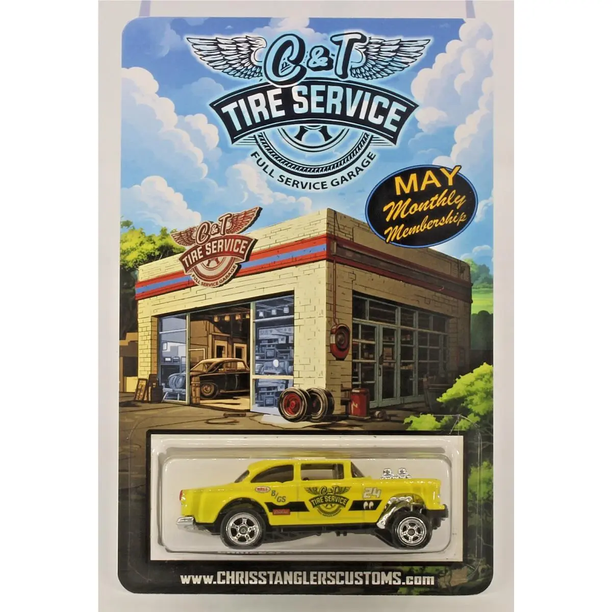 Hot Wheels CS Customs May Membership Yellow `55 Chevy Bel Air Gasser