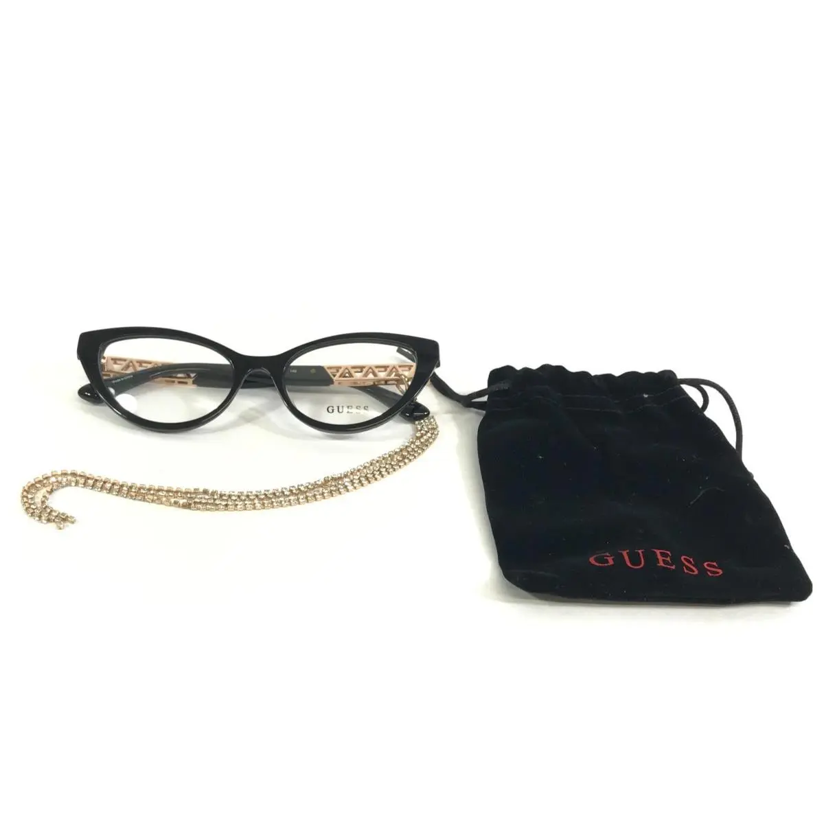 Guess Eyeglasses Frames GU2783 001 Black Rose Gold Cat Eye with Chain 54-17-140