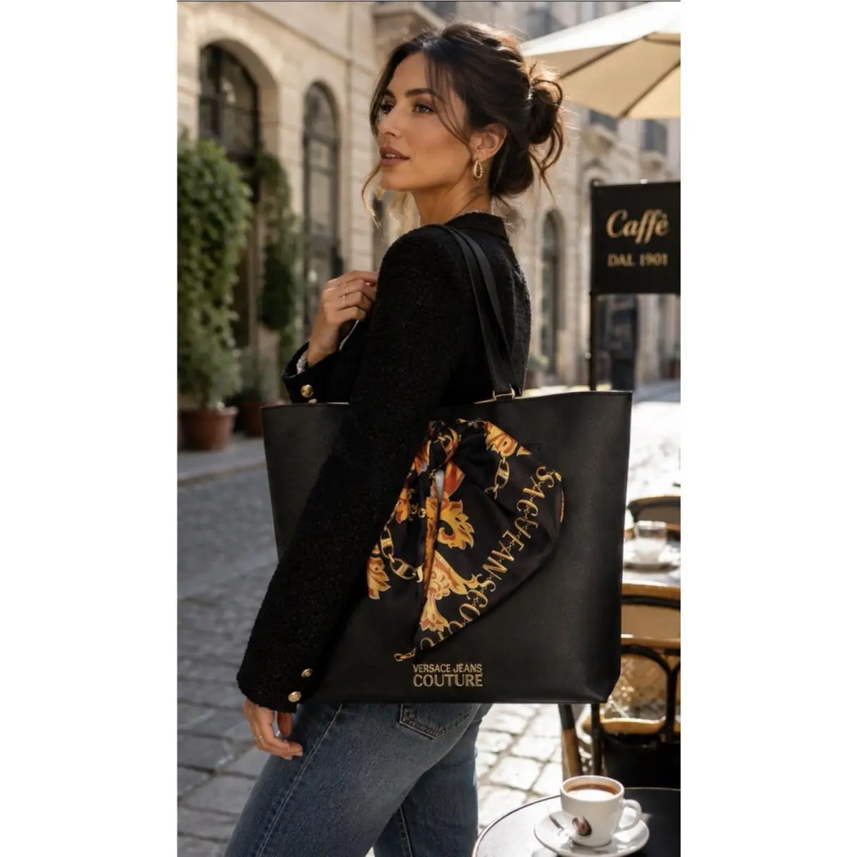 Versace Jeans Couture Thelma Black Tote Bag Scarf Removable Organizer Gold