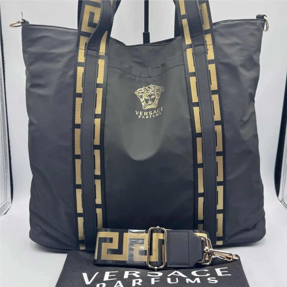 Versace Parfums Black Convertible Shoulder Bag Gold Greek Medusa Shopping Tote
