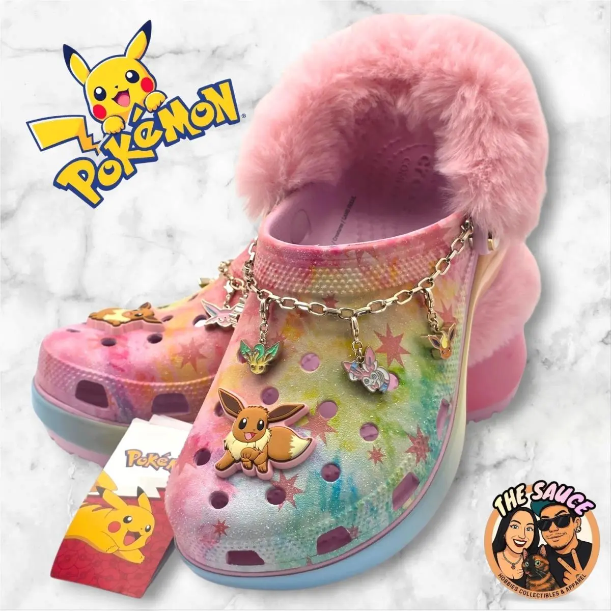 Crocs Pokemon Eevee Platform Clogs Womens 8 Pink Tie Dye Fur Trim Kawaii Sparkly