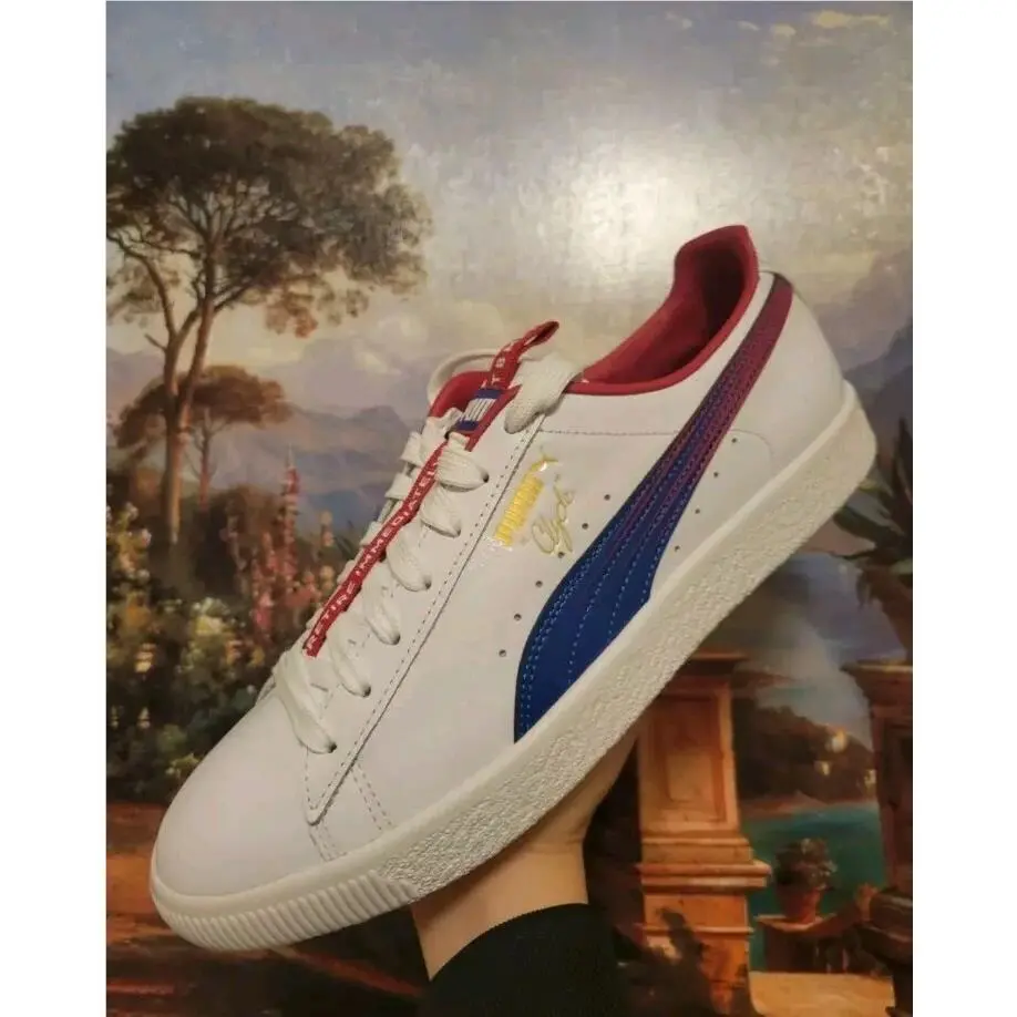 Puma Clyde Firecracker 382984 01 Leather Foil Men`s Shoes White/blue/red Size 9