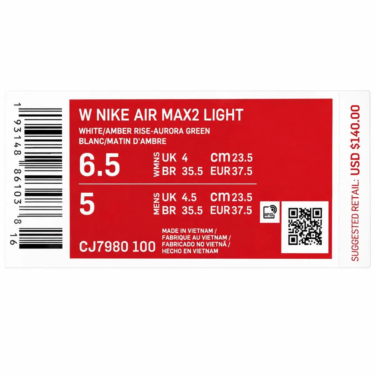 Nike shoes - Nike Air Max2 Light - Air Light - CJ7980-100 - White-Amber Rise-Aurora Green (UPC: 193151693457) 5