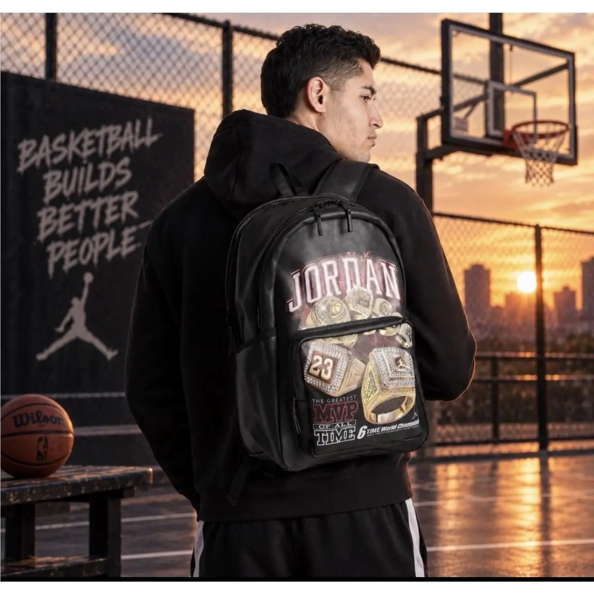 Jordan Borough Graphic 6 Rings Backpack Black School Bookbag MA9174-023