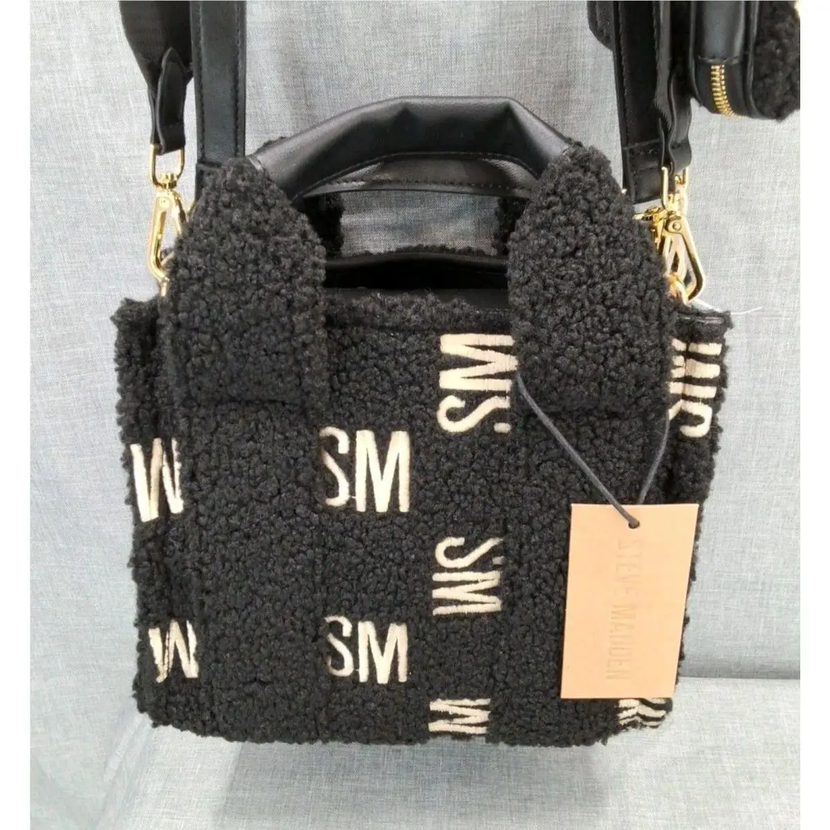Black Satchel Embroidered Sherpa Bwebber Crossbody Handbag by Steve Madden