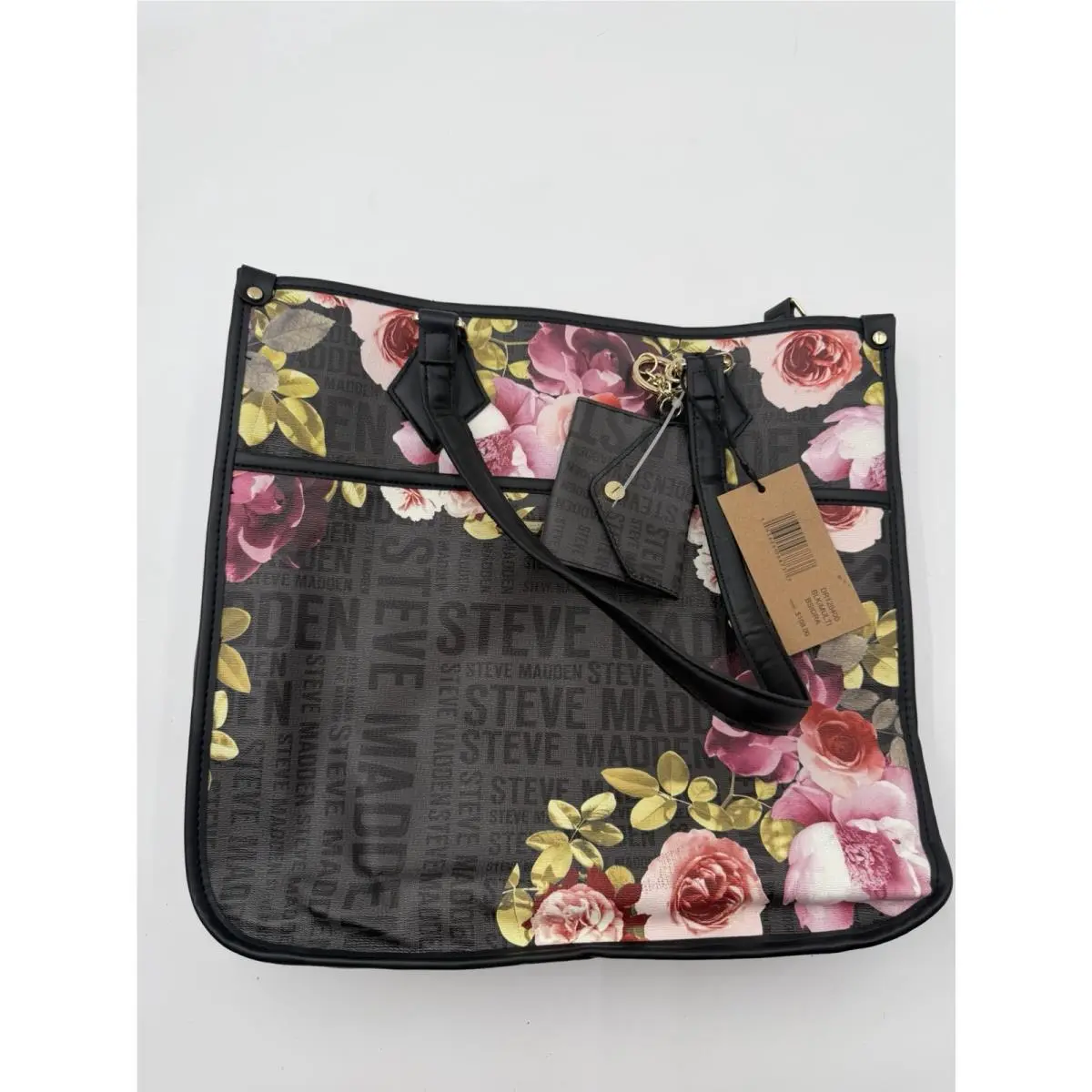 Floral Tote Bag 3 Piece Set Black Pink Roses Pouch by Steve Madden