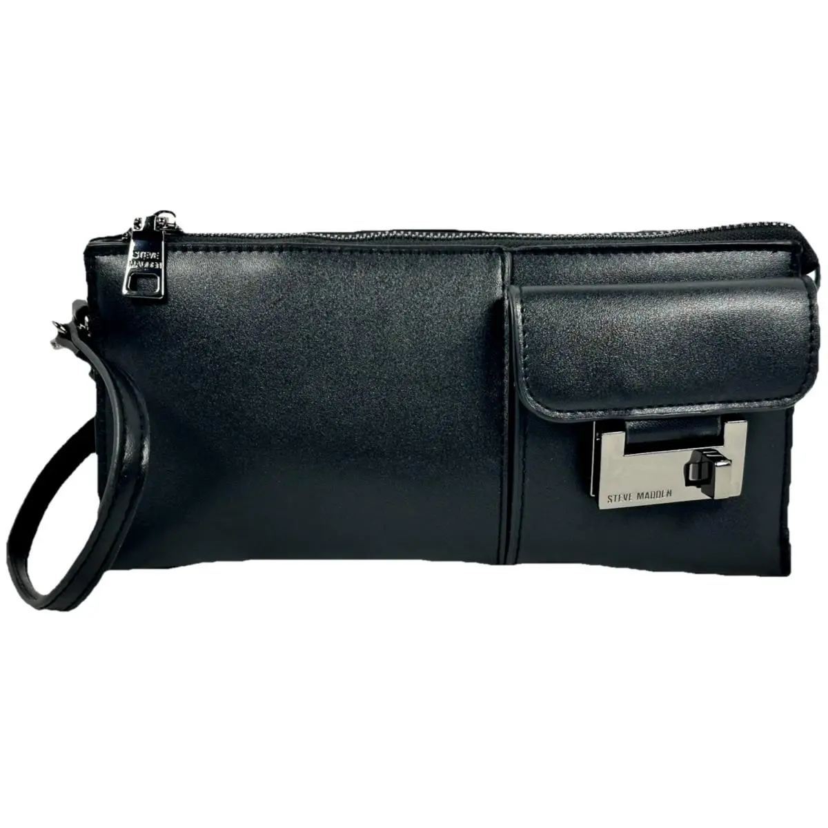 Black Mini Shoulder Bag Silver Turn Lock Zip Top Purse by Steve Madden