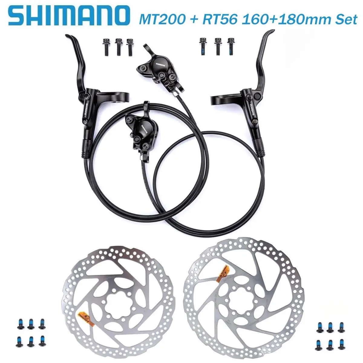 Shimano BR-MT200 Hydraulic Disc Brake Set SM-RT56 160mm+180mm 6-Bolt Rotors Mtb