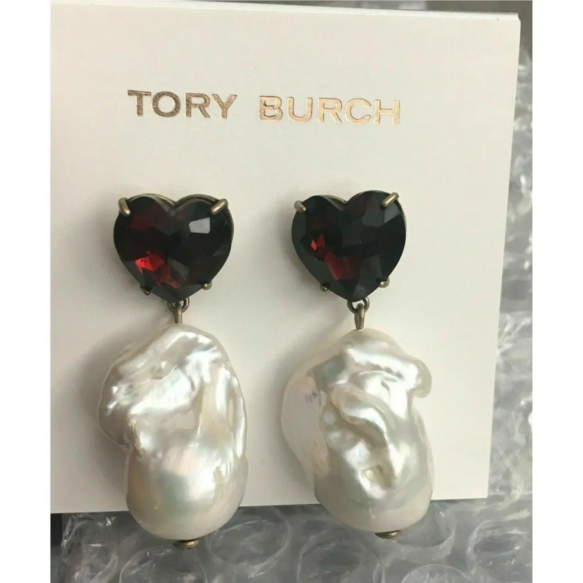 Crystal Heart Pearl Drop Earrings 1.6 Burgundy Smoky Topaz by Tory Burch