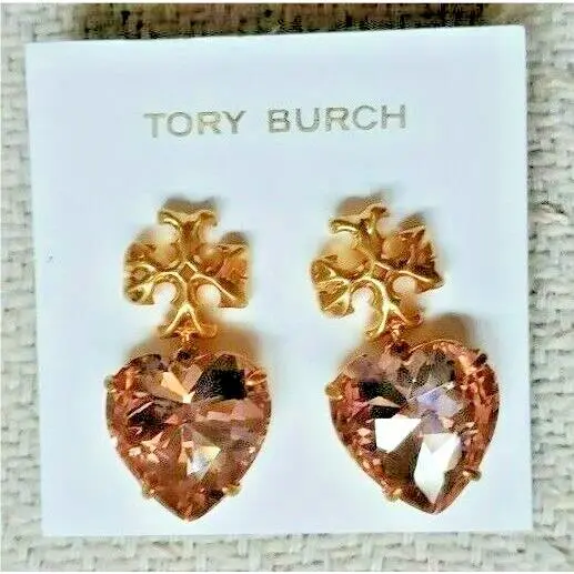 Carved Kira Big 1.4 Heart Drop Earrings Gold/pale Pink by Tory Burch