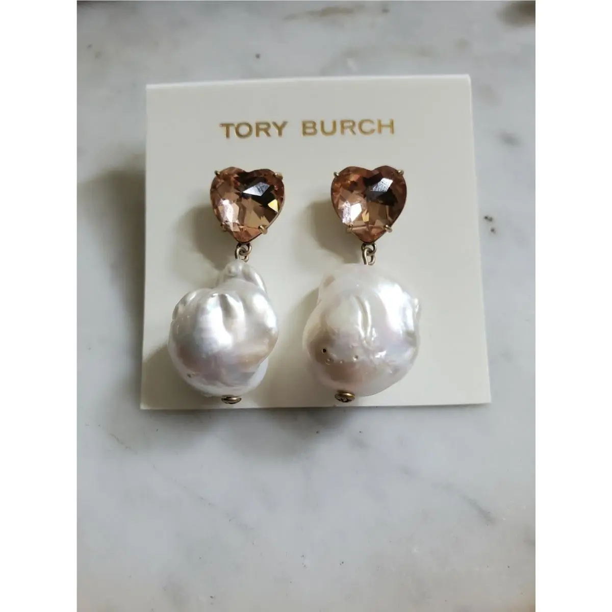 Crystal Heart Pearl Drop Earrings Pink by Tory Burch