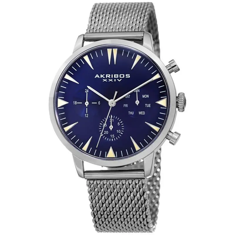 Men`s Akribos Xxiv AK1027BU Quartz Blue Dial Stainless Steel Mesh Bracelet Watch