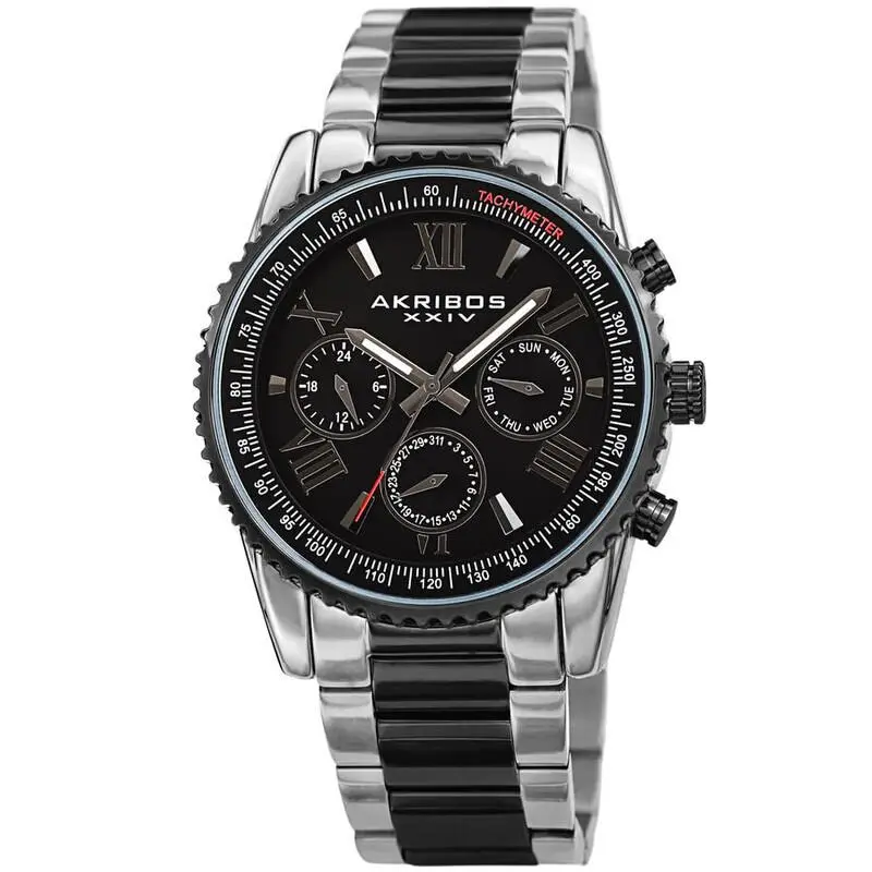 Men`s Akribos Xxiv AK1099TTB Quartz Grooved Bezel Black Dial Two Tone Case Watch