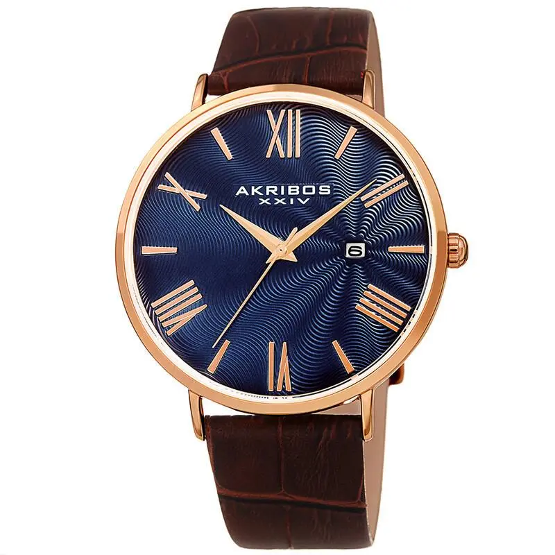Men`s Akribos Xxiv AK1041RGBU Quartz Waves Blue Guilloche Dial Bracelet Watch