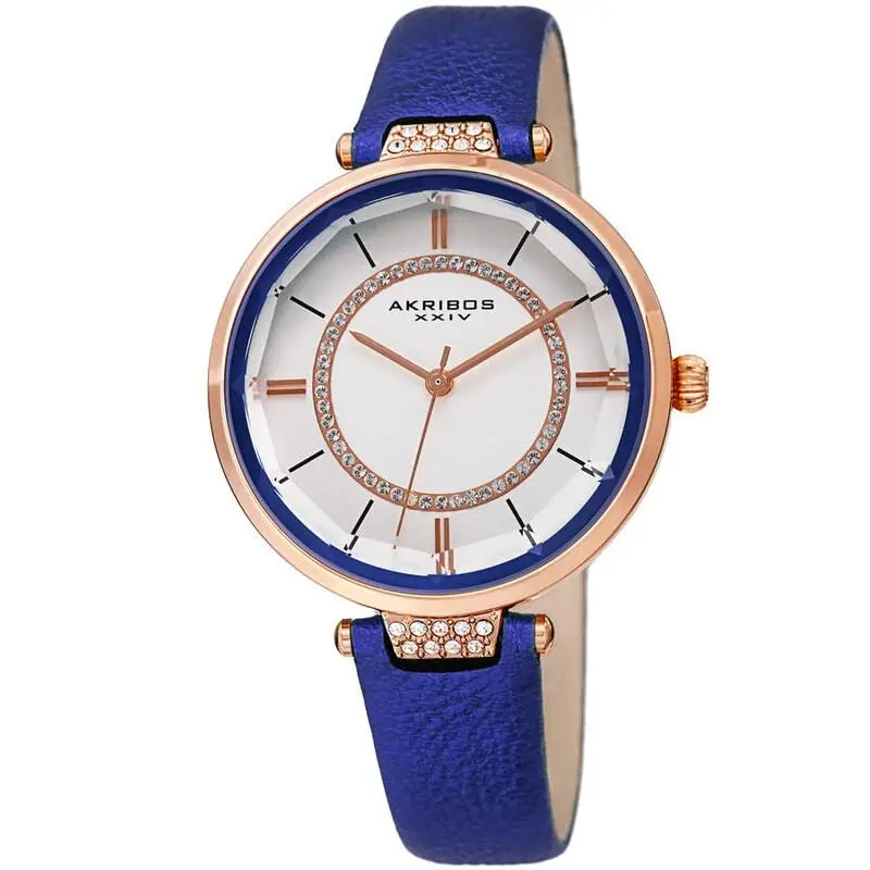 Women Akribos Xxiv AK1116BU Quartz Movement White Dial Blue Leather Strap Watch