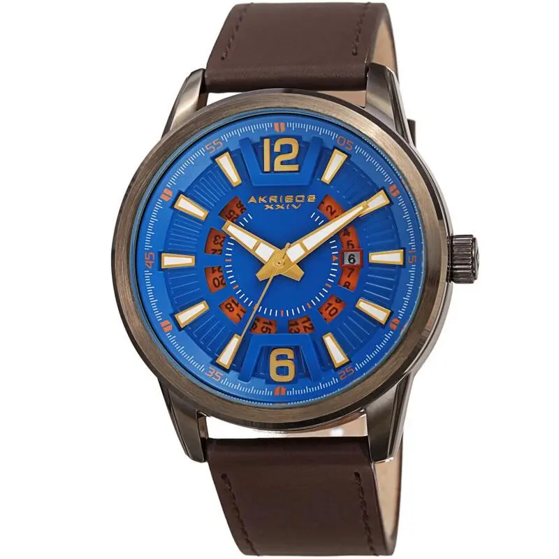 Men Akribos Xxiv AK1079BUBR Smart Gun Case Navy Orange Dial Brown Strap Watch