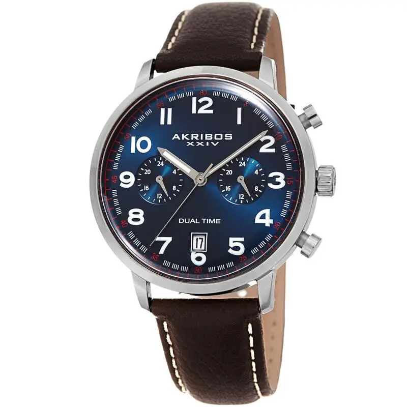 Men`s Akribos Xxiv AK1023SSBU Quatz Dual Time Blue Dial Dark Brown Strap Watch