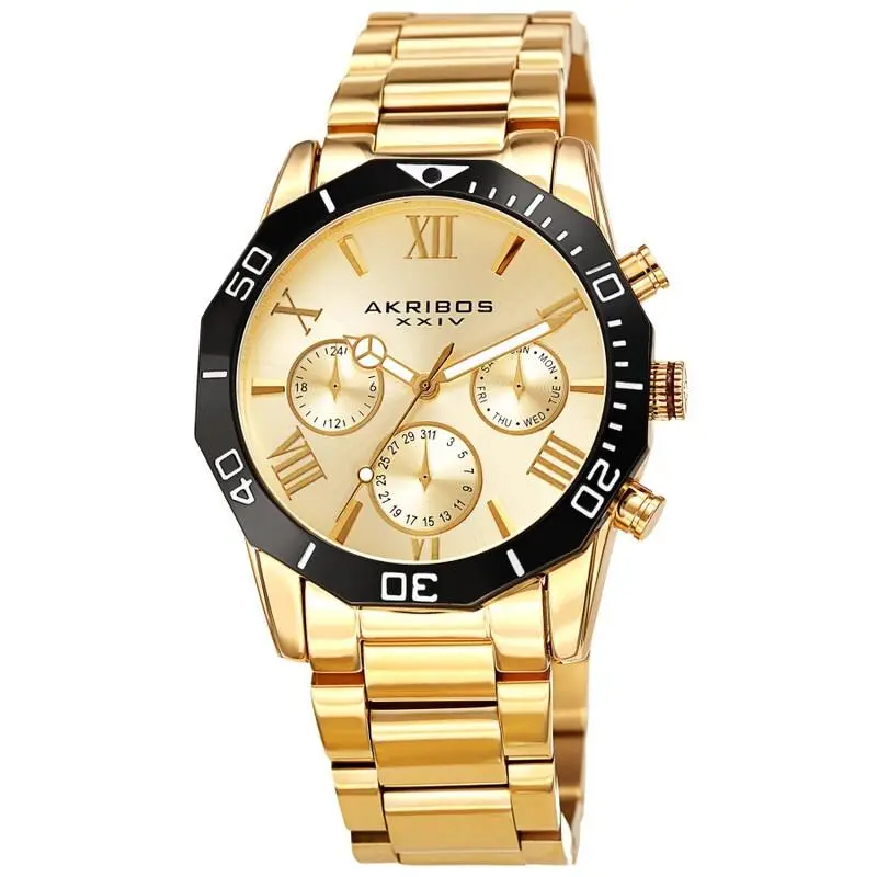 Men`s Akribos Xxiv AK1054YG Quartz Movement Gold Dial Dodecagon Bracelet Watch