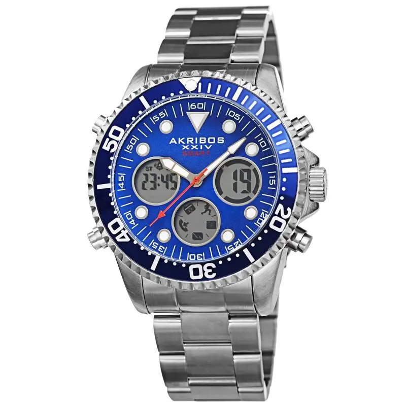Men Akribos Xxiv AK1094SSBU Silver Smart Diver Blue Bezel Dial Bracelet Watch